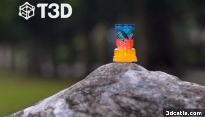 The T3D mini-printer being used outdoors, demonstrating its portability and ability to print anywhere.