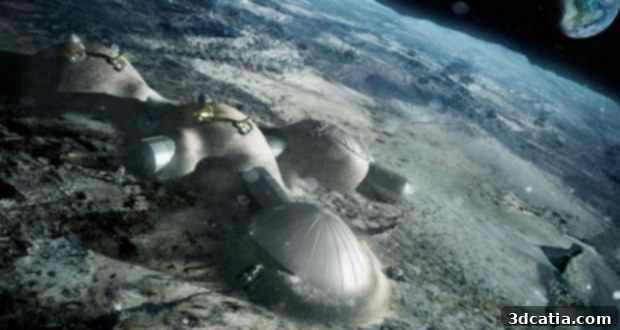 Moon Village Set for 2030 5 Artistic rendering of a vibrant, growing moon village with multiple 3D printed structures and active personnel.