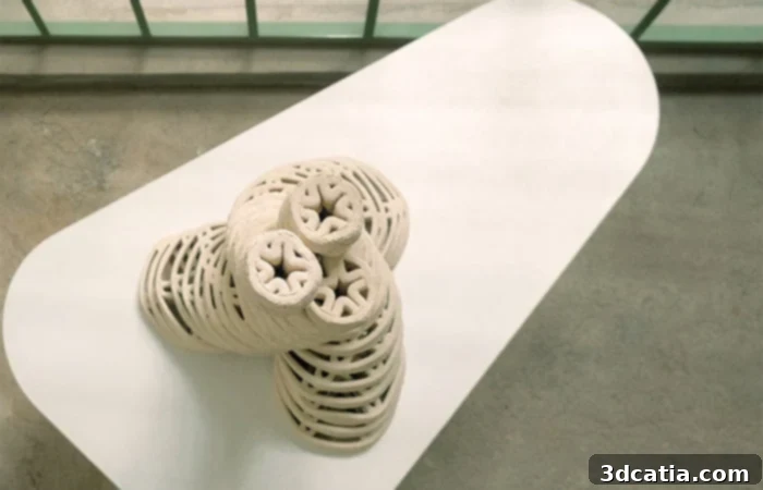 Artistic column made from 3D printed eggshell components, showcasing design flexibility.