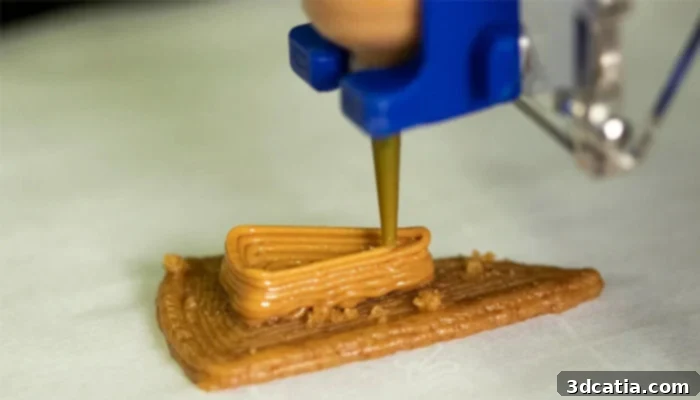 Close-up of a 3D printed cheesecake layer showing peanut butter on a graham cracker base, demonstrating precision layering.