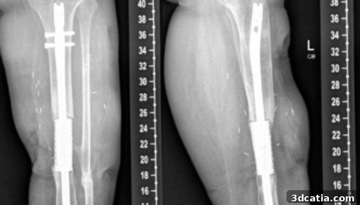 Post-treatment scan of patient's leg one year later, showing the integrated 3D printed titanium mesh cage, intramedullary nail, and screws.