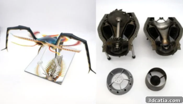 Custom Prototypes' Tomlinsonus Dimitrii, winner of Advanced Finishing, and UDRI's micro-turbine, winner of Advanced Concepts, at AMUG 2023.
