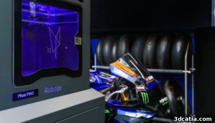 Yamaha motorcycle pictured next to Roboze ARGO 500 3D printer, showcasing their partnership in advanced manufacturing