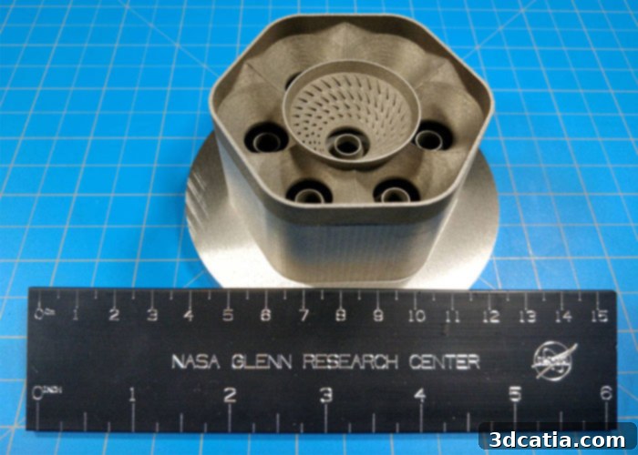 A complex aerospace component showcasing the intricate capabilities of 3D printing with the GRX-810 superalloy.