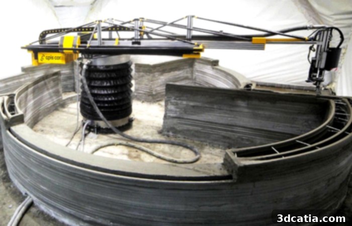 Apis Cor's 3D print house machine in action, demonstrating rapid construction