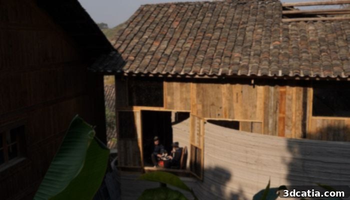 The original house’s timber frame and tiled roof repurposed and refurbished