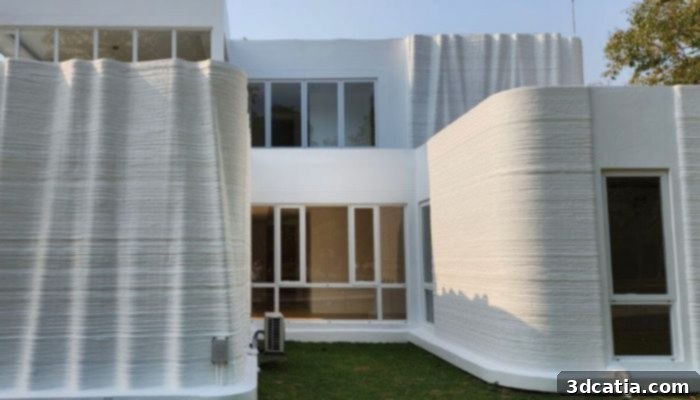 The exterior of Thailand's first 3D printed medical center in Saraburi, showcasing innovative construction.