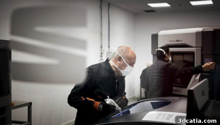 SEAT engineer inspecting a 3D printed part in their facility.