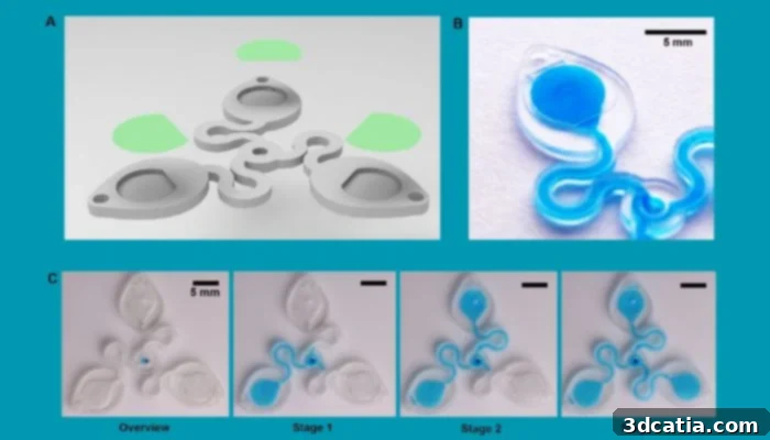 A detailed diagram illustrating the internal workings and microfluidic channels of the 3D printed sweat sensor.