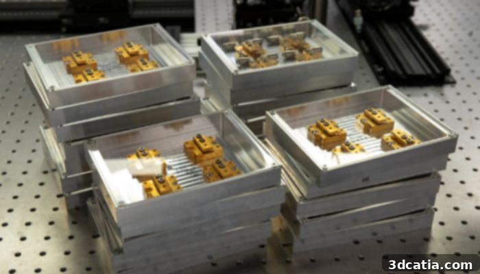 A close-up view of 3DM's printhead, showing four lasers paired in couples.