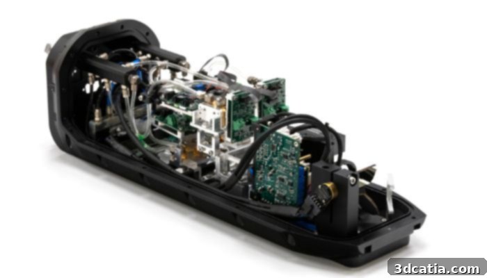 A detailed view inside of a 3DM beam head, showcasing its advanced parallel laser configuration.