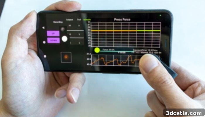 Smartphone screen displaying the app interface for the 3D-printed blood pressure monitor, showing user guidance for fingertip placement