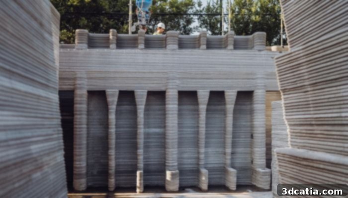 A large 3D printer building a wall on a construction site, illustrating efficiency.