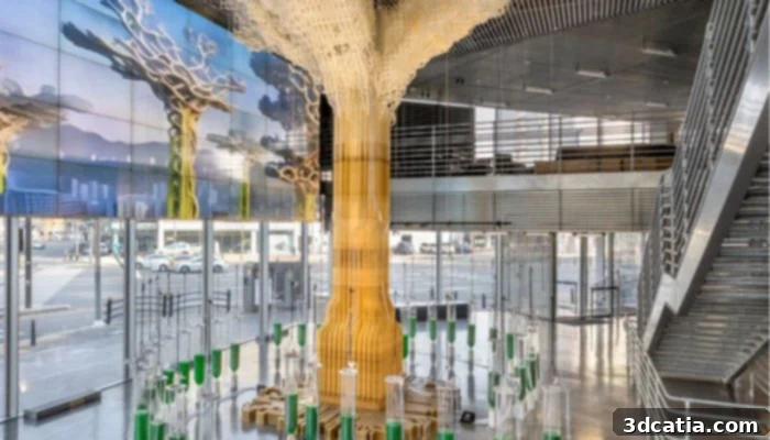 Tree One is in the center of Habitat One, an architectural model showcasing a 3D printed algae-based tree for carbon-neutral cities.