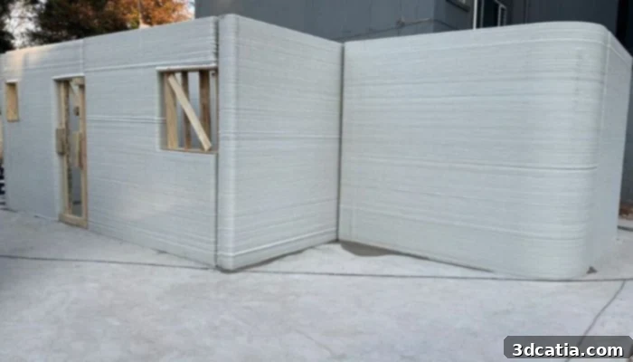 A partially completed concrete 3D printed house in South Africa