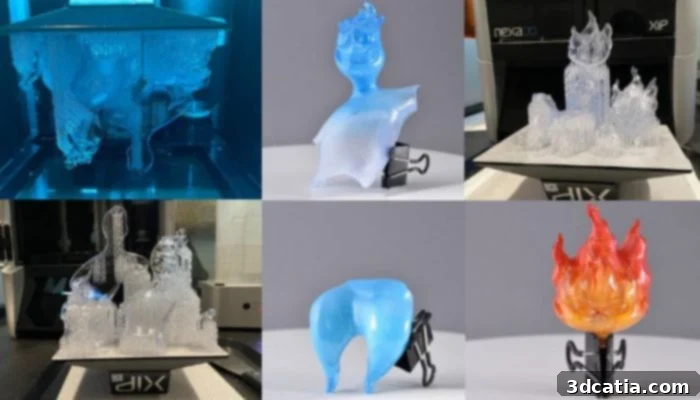 'Elemental' character prototypes made with clear resin from Nexa3D’s xMODEL17 XiP Pro 3D printer.