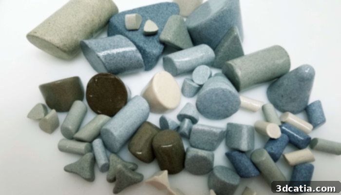 Close-up of ceramic abrasives, highlighting their robustness for high-pressure applications.