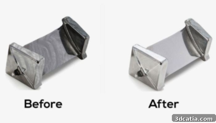 Before and after comparison of a metal part treated with Vibratory Finishing, showing significant surface improvement.
