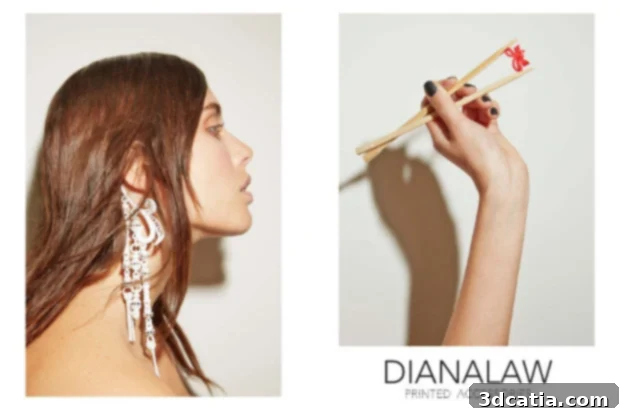 Diana Law presenting her elegant 3D printed jewelry