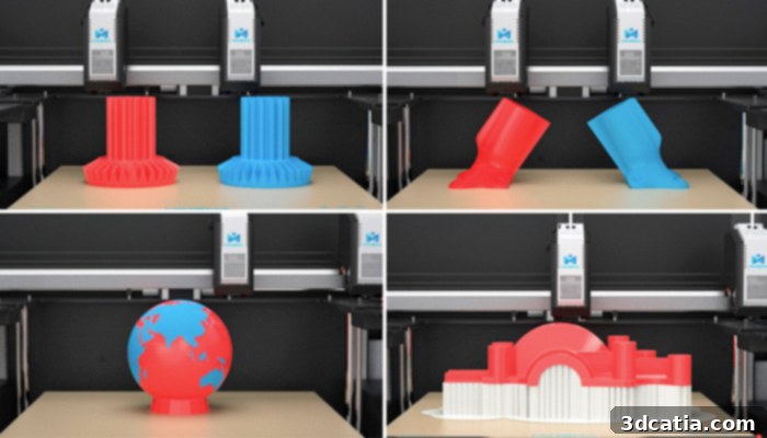 The different modes available on the MINGDA MD-400D 3D printer (duplicate, mirror, dual-color and support)