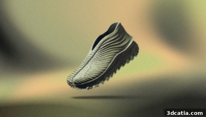 Side view of Zellerfeld and Moncler’s Trailgrip 3D sneaker, showcasing its unique texture and seamless mono-material construction.