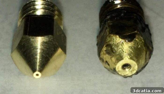 Comparison of a worn 3D printer nozzle (right) and a new nozzle (left)