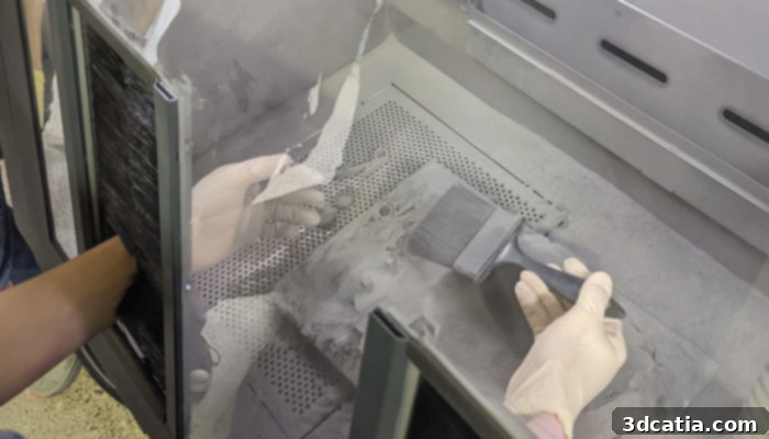 Student performing depowdering of 3D printed metal parts after binder jetting