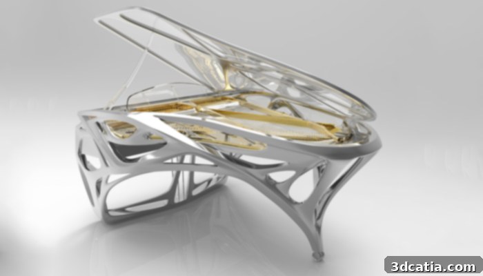 A piano made using 3D printing, another example of the use of the technology in music