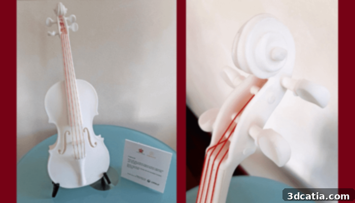 3D printed replica of Paganini's Il Cannone violin crafted from resin, combining art and technology in Genoa.