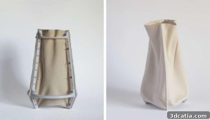 On the left, the modular design of the 3D printed mold. On the right, a finished piece with its unique fabric-like appearance
