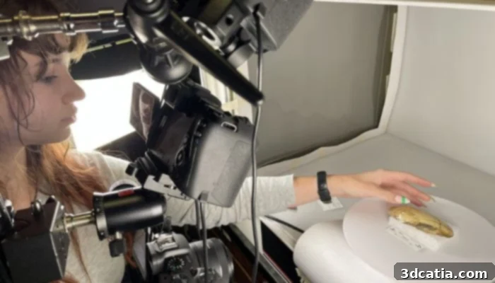 Technician positioning a mussel shell for imaging