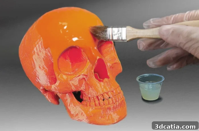 Epoxy resin can be used for surface finishing in 3D printing, as seen on this skull
