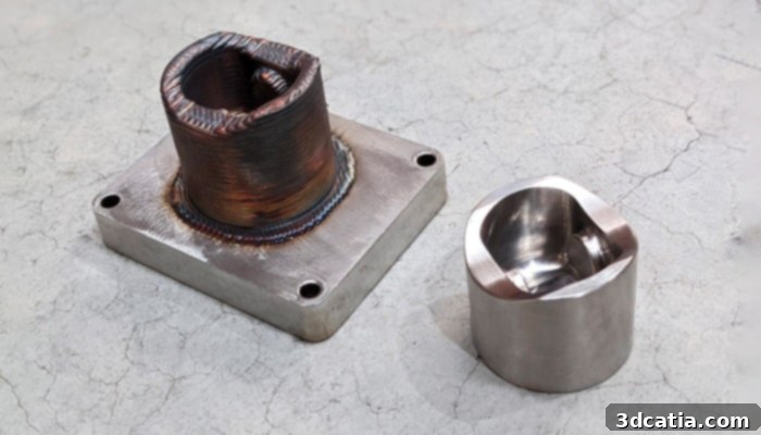 CNC machining can be used to refine the surface and geometry of 3D printed parts, as shown with a part before and after treatment.