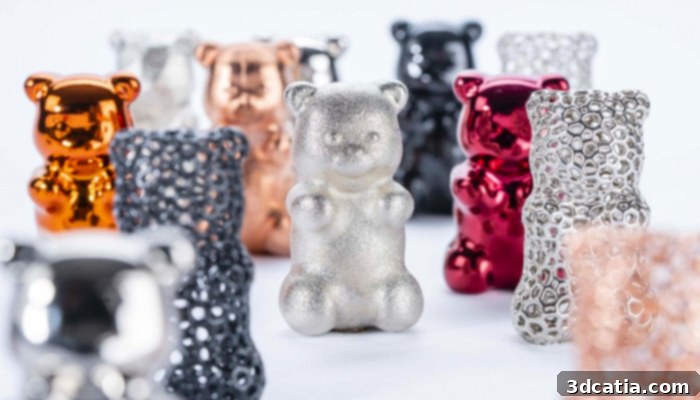 3D printed parts with various metallic and shiny plated finishes.