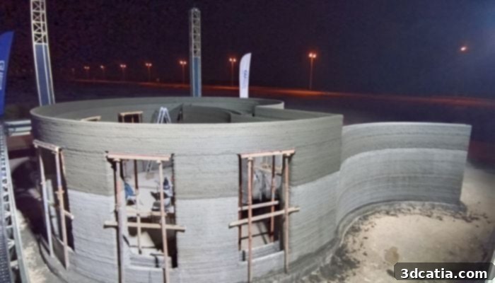 A 3D printed building requires less time and labor to construct, offering significant advantages for military and humanitarian applications. This cafe in Oman, for instance, was printed in just 22 hours, demonstrating the rapid build capabilities of 3D concrete printing.