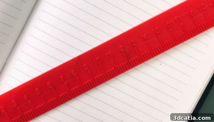 A 3D printed ruler with centimeter and millimeter markings