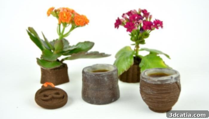 Various objects 3D printed from coffee grounds, including planters that enrich soil, showcasing the versatility and environmental benefits of this sustainable material.