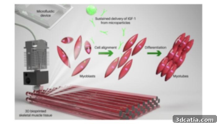 3D printed muscles are made from a bioink, consisting of a hydrogel, myoblast cells, and microparticles. This image shows a detailed view of the bioink composition.