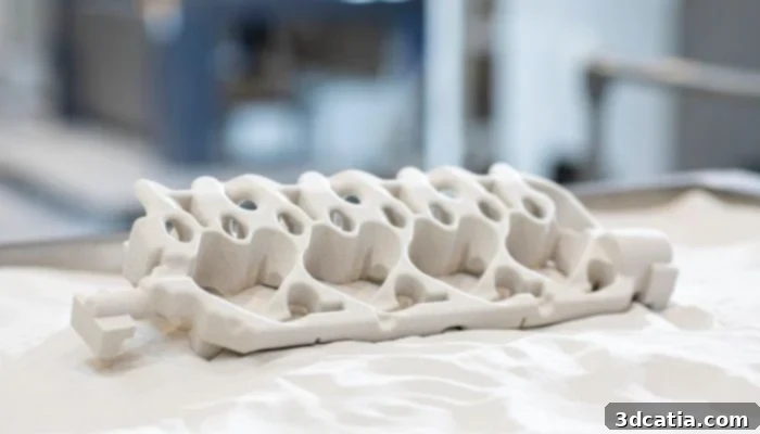 Large-scale sand 3D printing for automotive molds, showing a detailed mold produced by ExOne.
