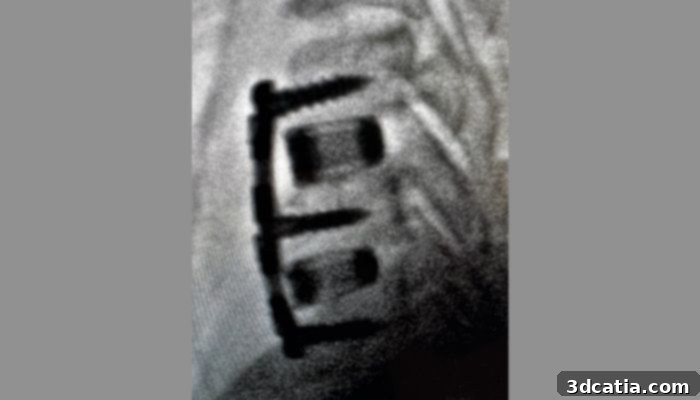 The Ti-Largo 3D Printed Cervical Cage after implantation, demonstrating its integration within the spine.