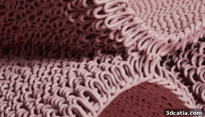 The fully 3D printed design resembles the loops on a knit or woven object, showcasing an innovative approach to material extrusion.