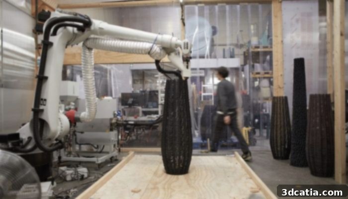 The robotic arm-assisted 3D printer from The New Raw, illustrating the advanced technology used.