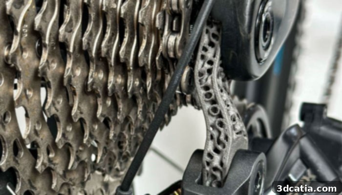 The 3D printed titanium derailleur hanger seamlessly integrated into a bicycle