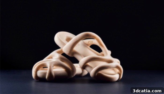 ROOTS sandals 3D printed with BioCir™ material, showcasing sustainable footwear innovation.