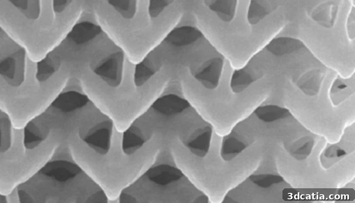 Nanoscale 3D printed lattice structure showcasing the engineered disorder that contributes to its enhanced strength.