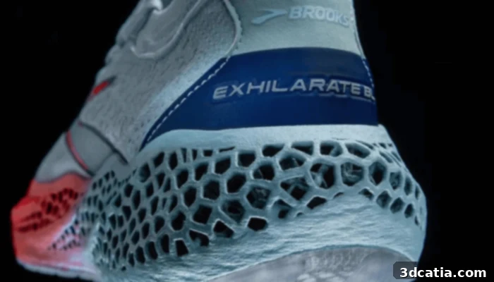 The new Brooks Exhilarate-BL running shoe, featuring a 3D printed midsole.