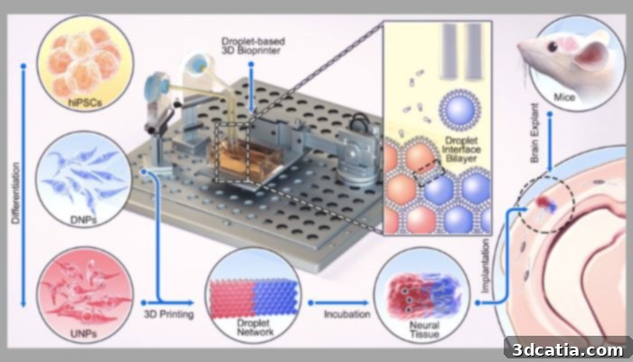 Diagram of a 3D bioprinter and the materials used in bioink, illustrating the complex process of creating brain tissue.