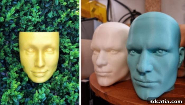 Masks (left) and heads (right) made by 3DBGPRINT and used in projects such as micropigmentation