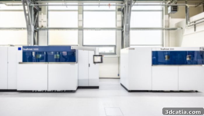 TRUMPF 3D printing machine in operation, showing a build plate with metal powder.