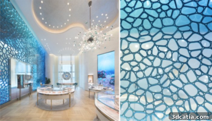 The interior of the Tiffany & Co. store, and next to it a close-up view of the 3D printed façade